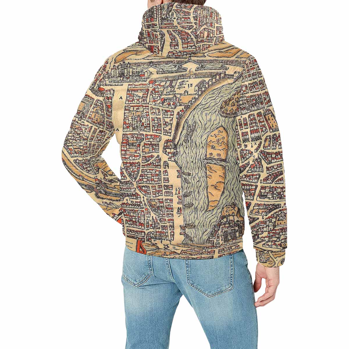 Antique Map design, mens lightweight, warm, quilted hooded bomber jacket, design, 49