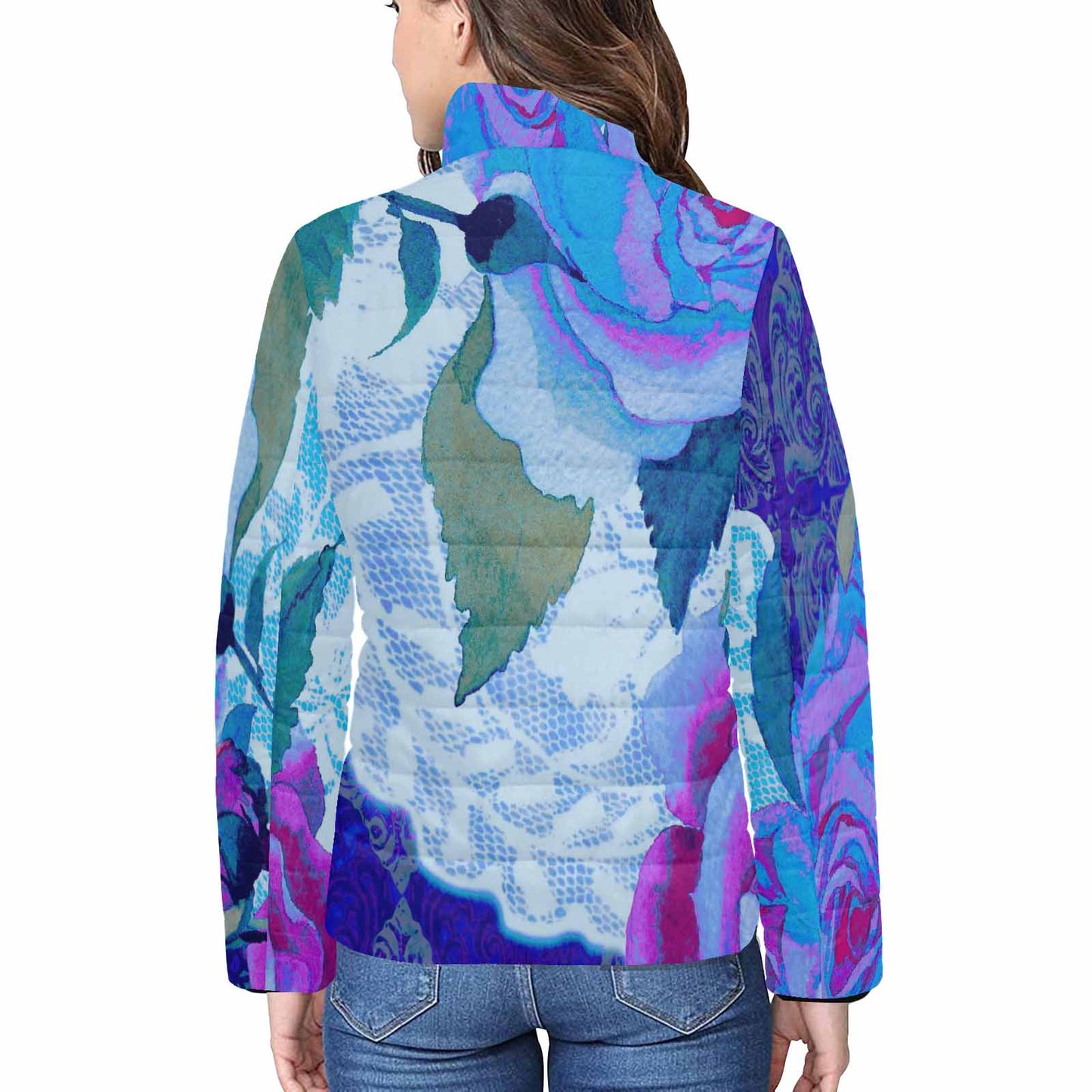 Victorian Lace print womens padded quilted jacket, design 20