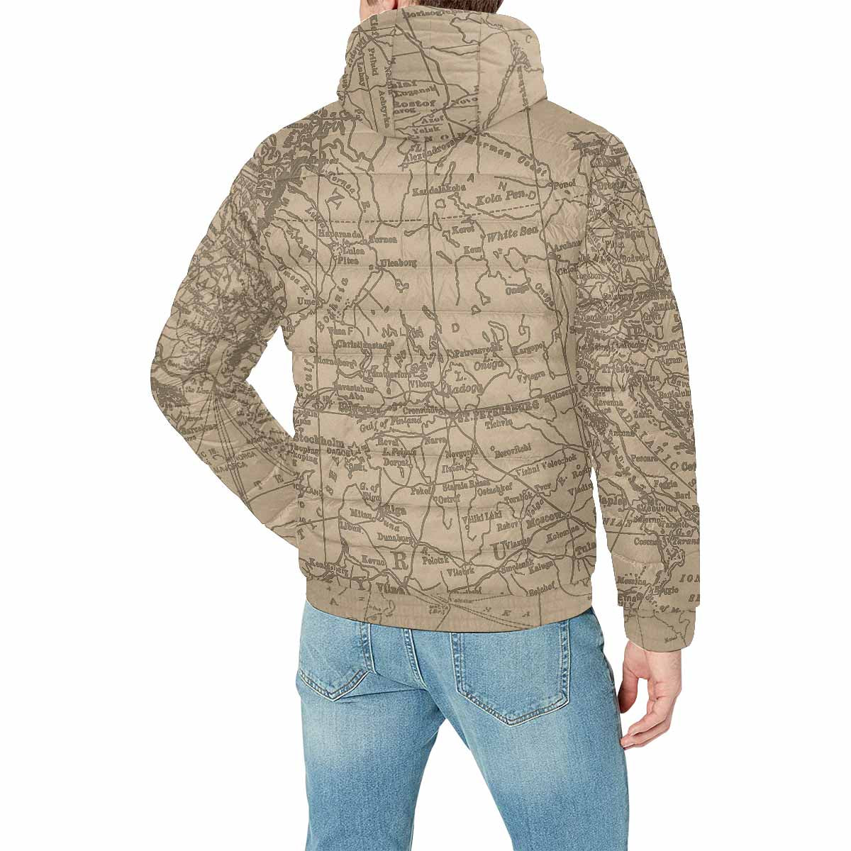 Antique Map design, mens lightweight, warm, quilted hooded bomber jacket, design, 54