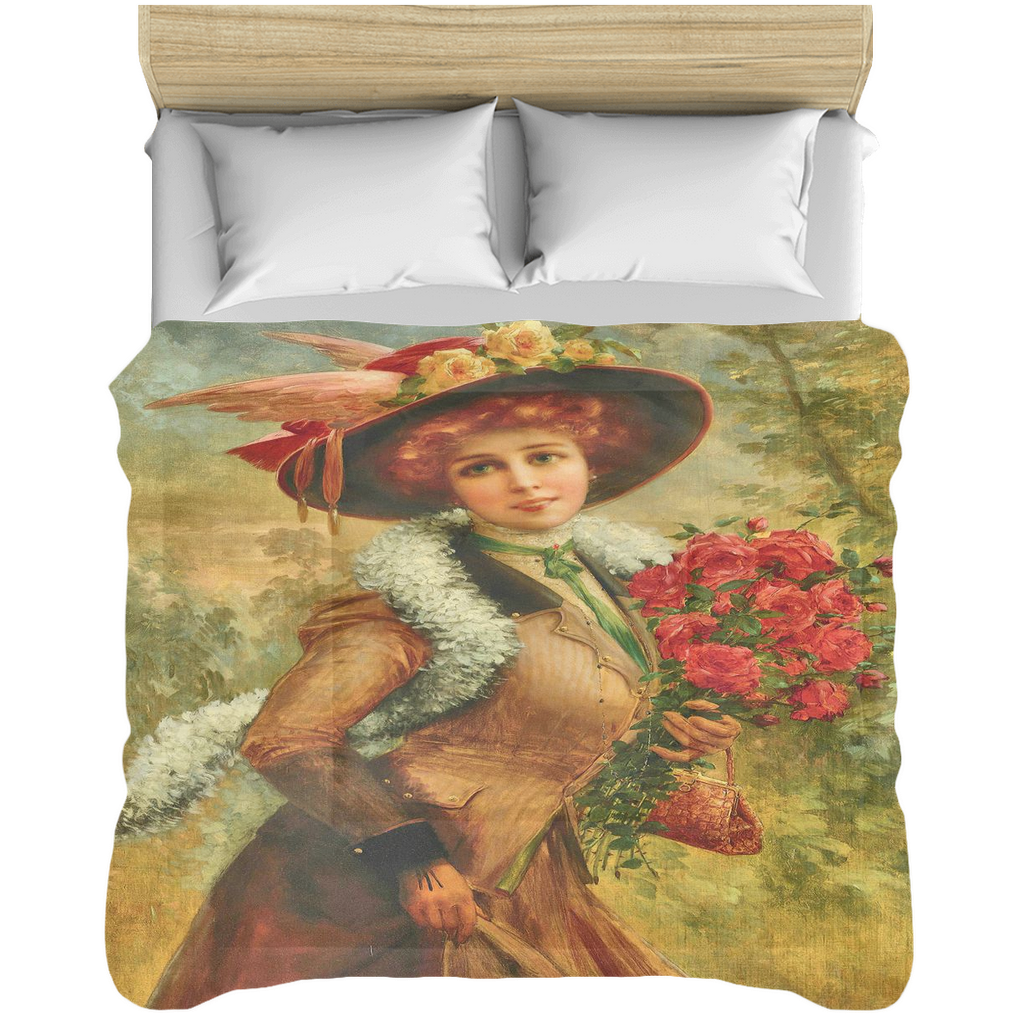 Victorian lady design comforter, twin, twin XL, queen or king, Elegant Lady with a Bouquet of Roses