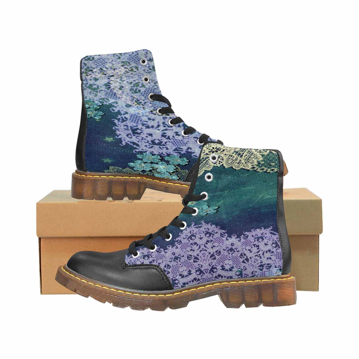 Victorian lace print, cute but tough, Winter walk about boots, design 05