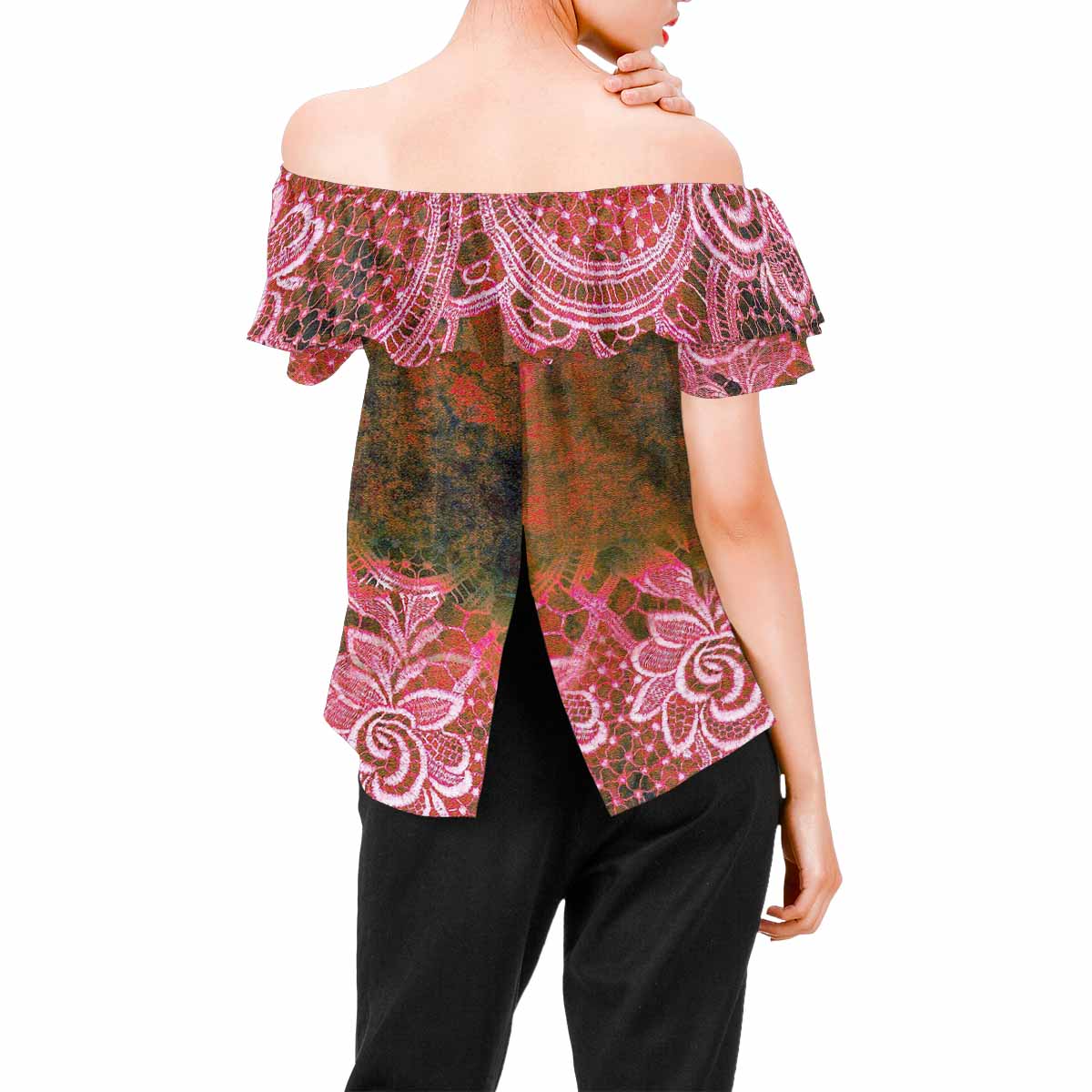 Victorian Lace print Chiffon Blouse, design 32