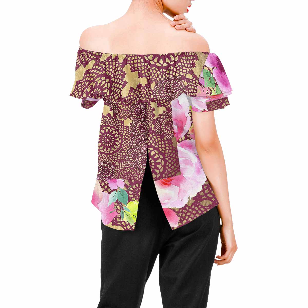 Victorian Lace print Chiffon Blouse, design 13