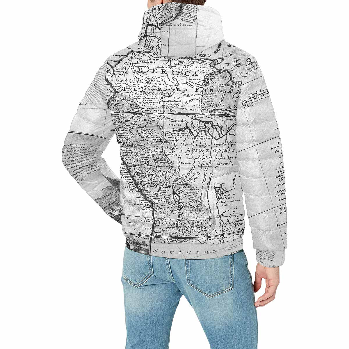 Antique Map design, mens lightweight, warm, quilted hooded bomber jacket, design, 38