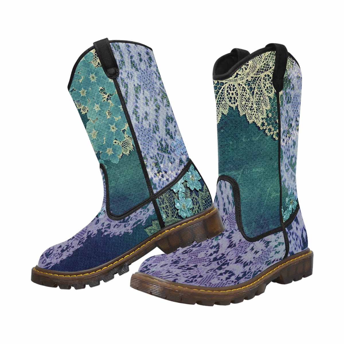 Victorian lace print, western lumber boots, design 05