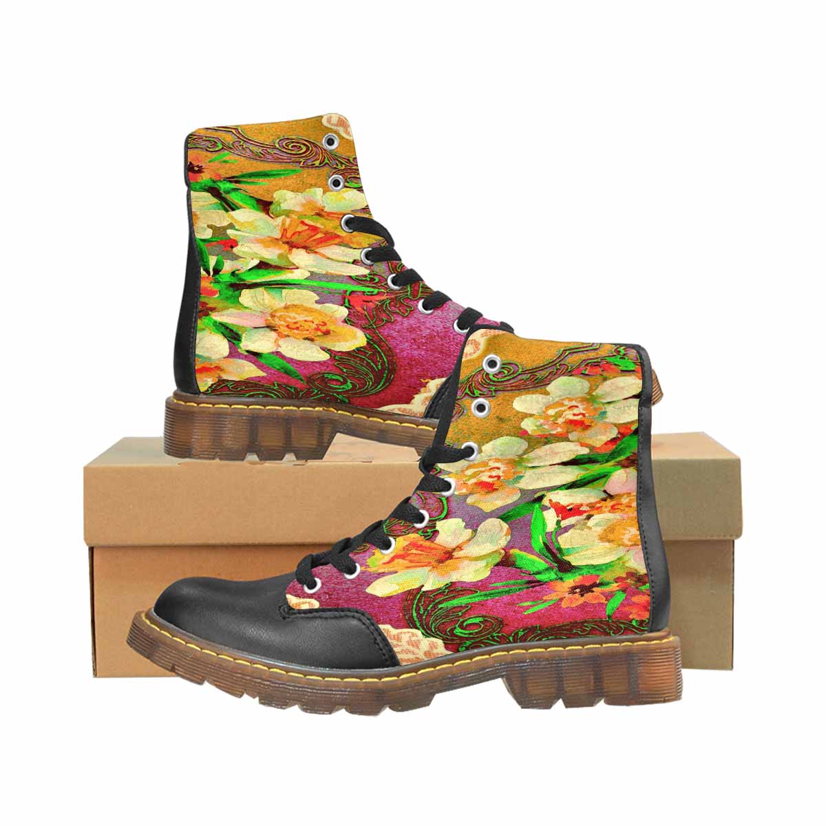 Victorian lace print, cute but tough, Winter walk about boots, design 48