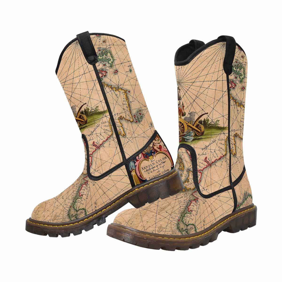 Antique Map design mens western lumber boots, Design 7