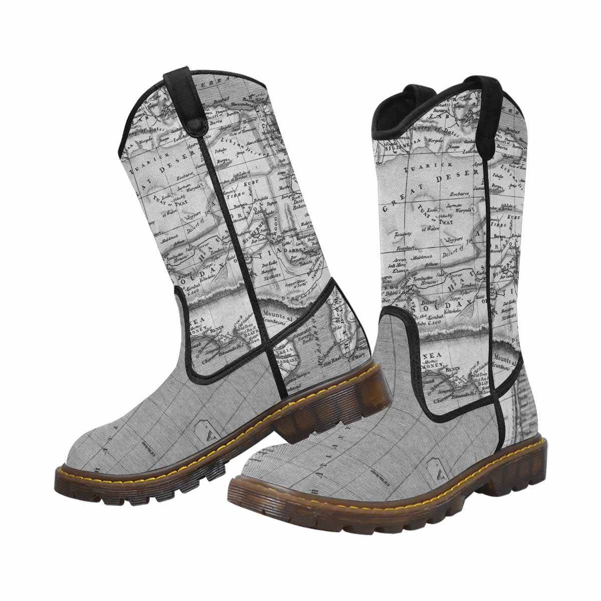 Antique Map design mens western lumber boots, Design 2