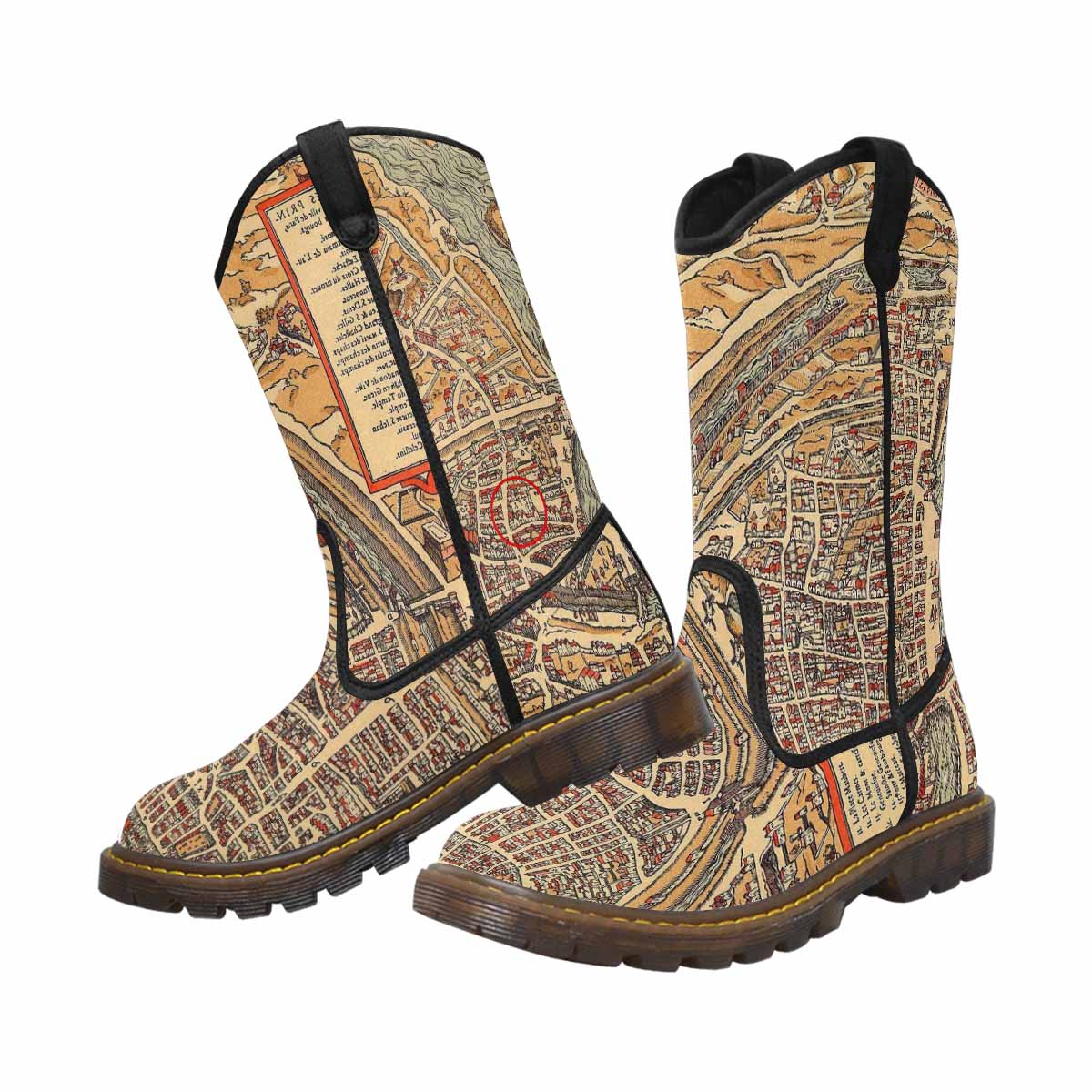 Antique Map design womens western lumber boots, Design 49