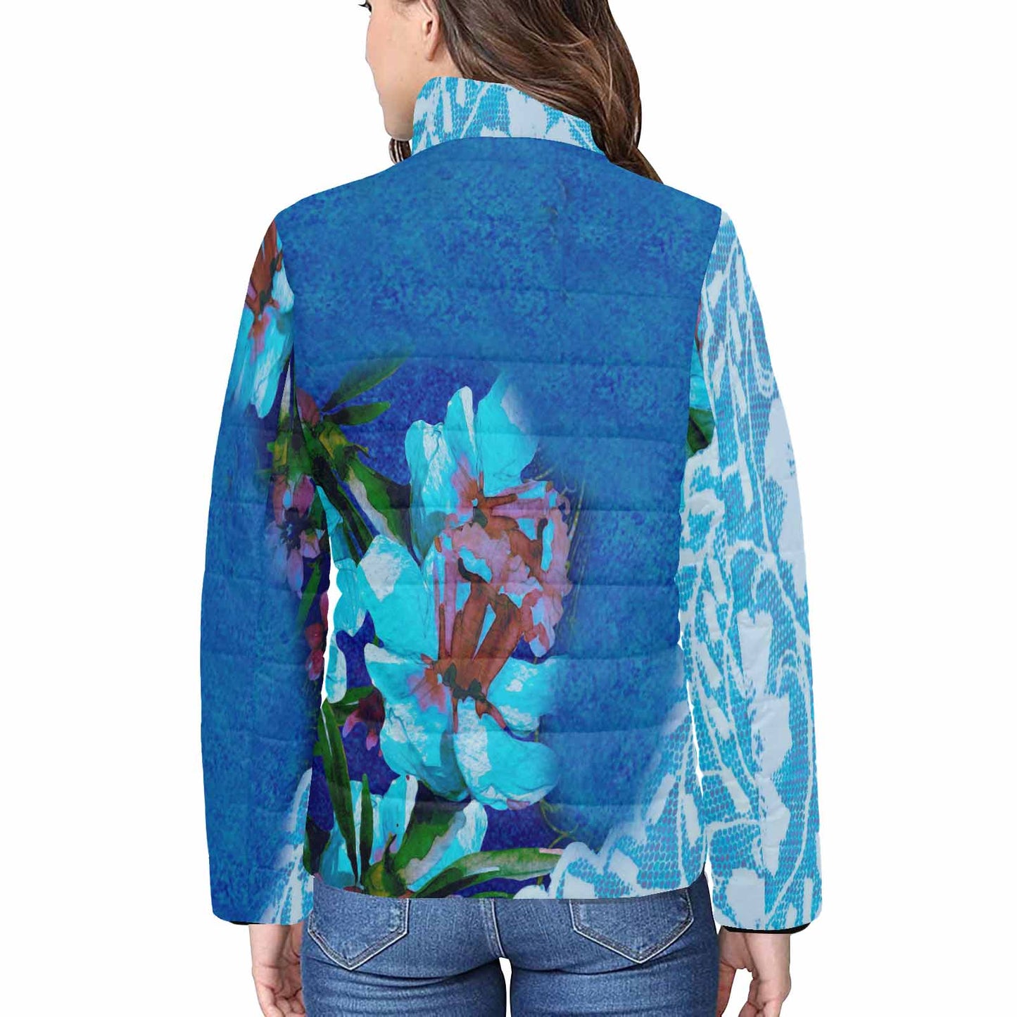 Victorian Lace print womens padded quilted jacket, design 49