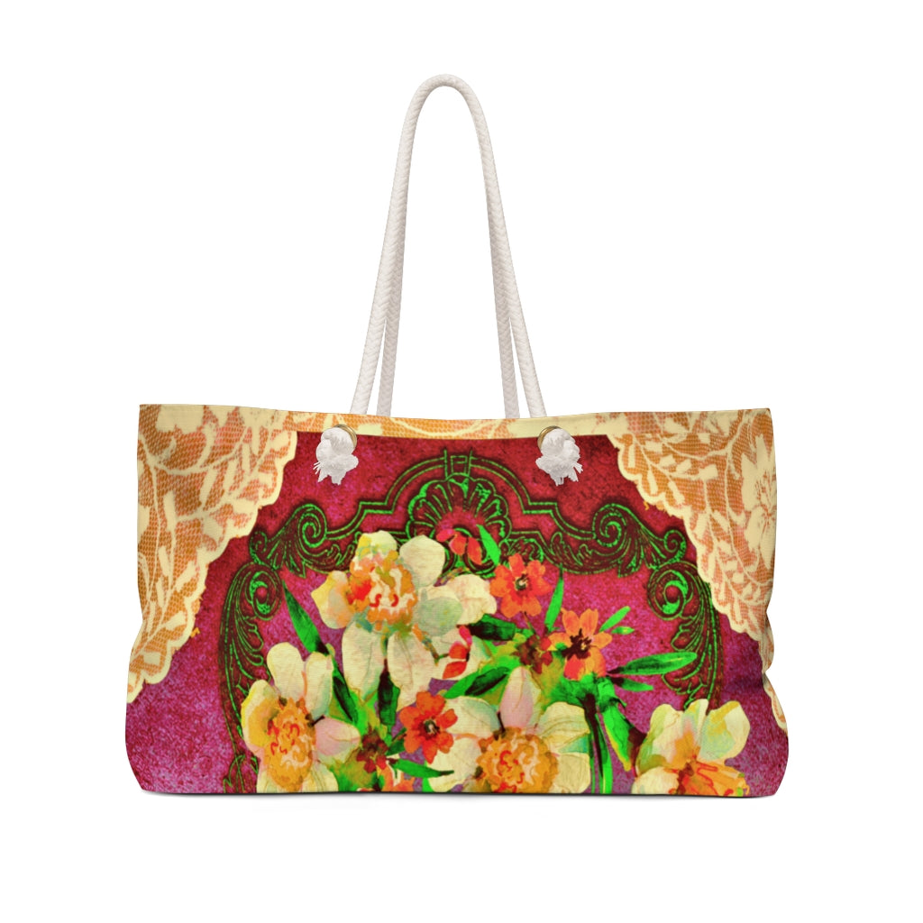 Victorian lace print weekender bag, large, design 48