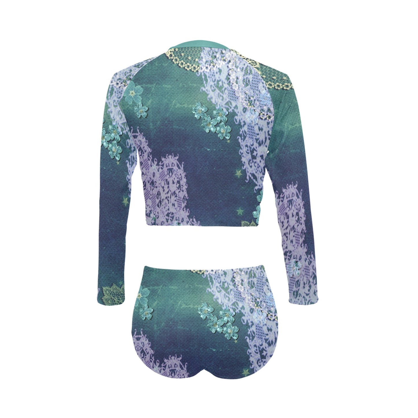 Victorian printed lace, long sleeve 2pc swimsuit, beachwear, design 05 Long Sleeve Bikini Set (Model S27)