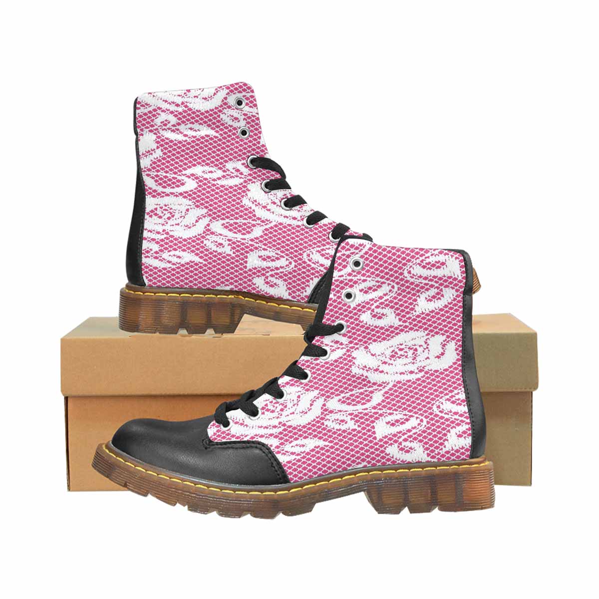 Victorian lace print, cute but tough, Winter walk about boots, design 17