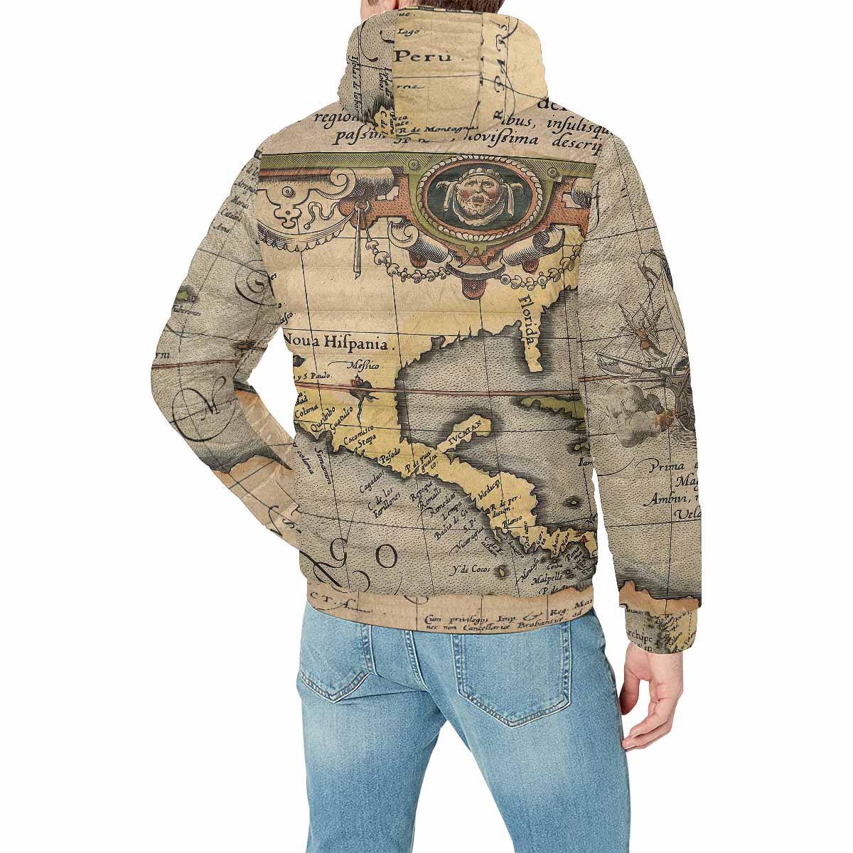 Antique Map design, mens lightweight, warm, quilted hooded bomber jacket, design, 46