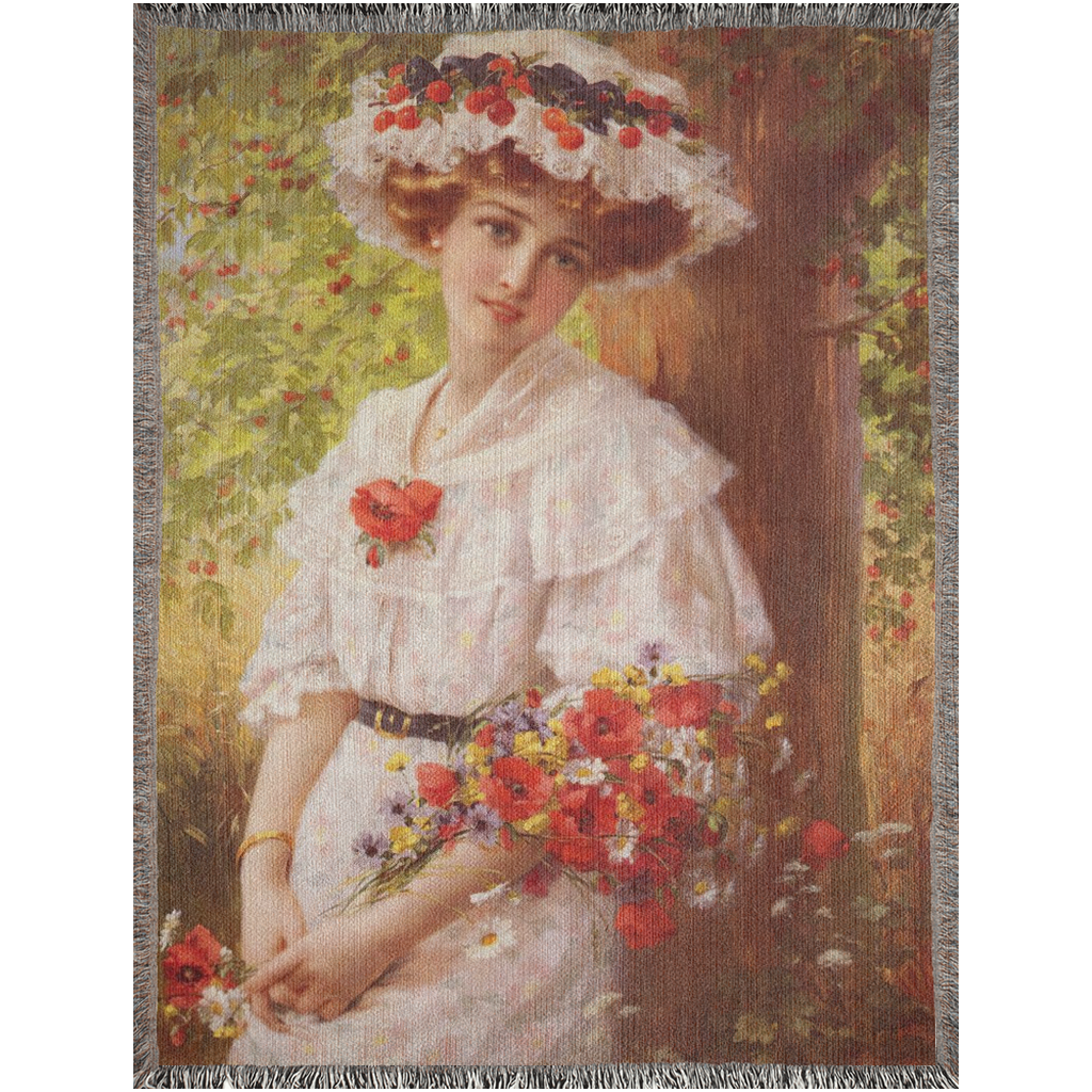 100% cotton Victorian Lady design design woven blanket, 50 x 60 or 60 x 80in, Under the Cherry Tree