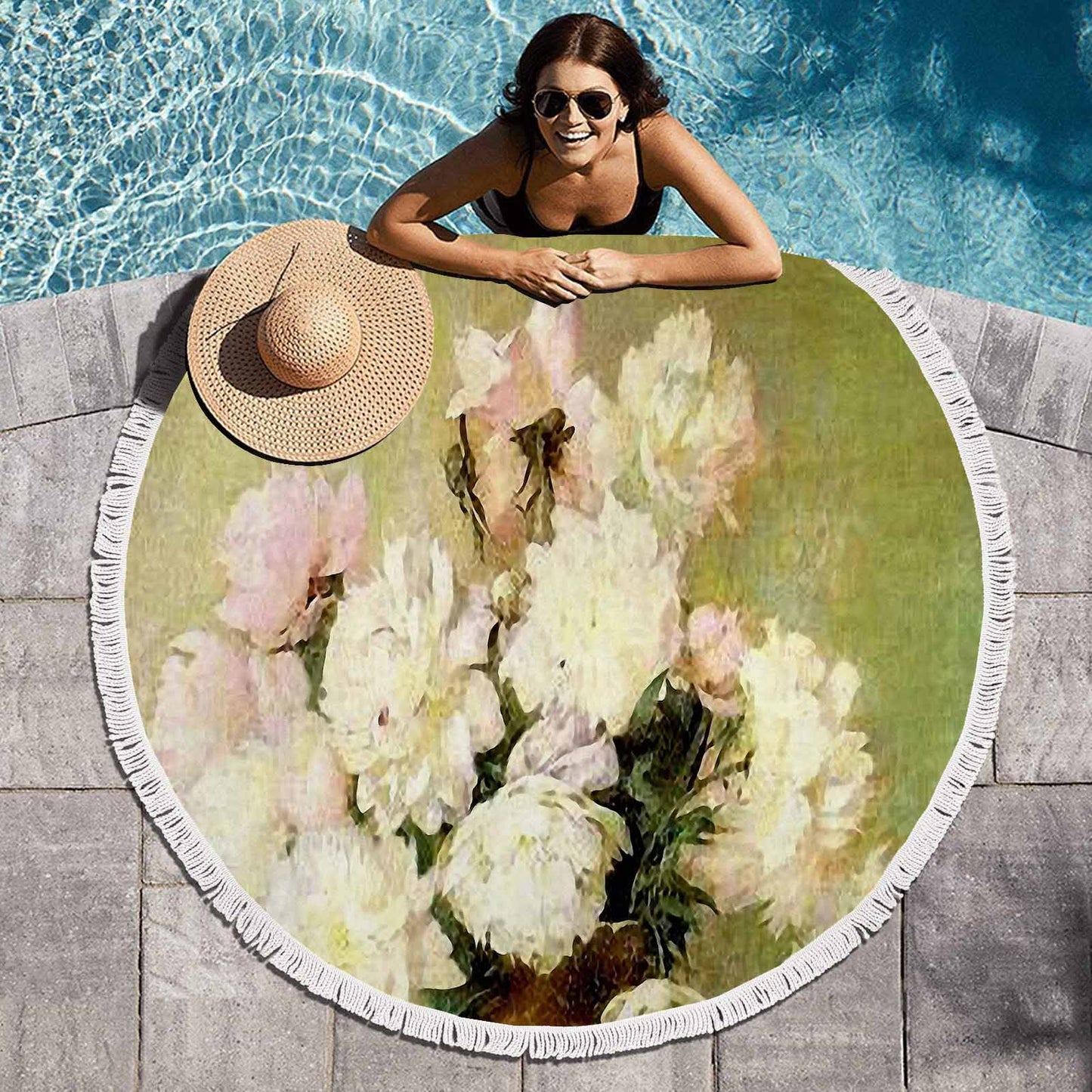 Vintage Floral circular plush beach towel, fringe edges, Design 35