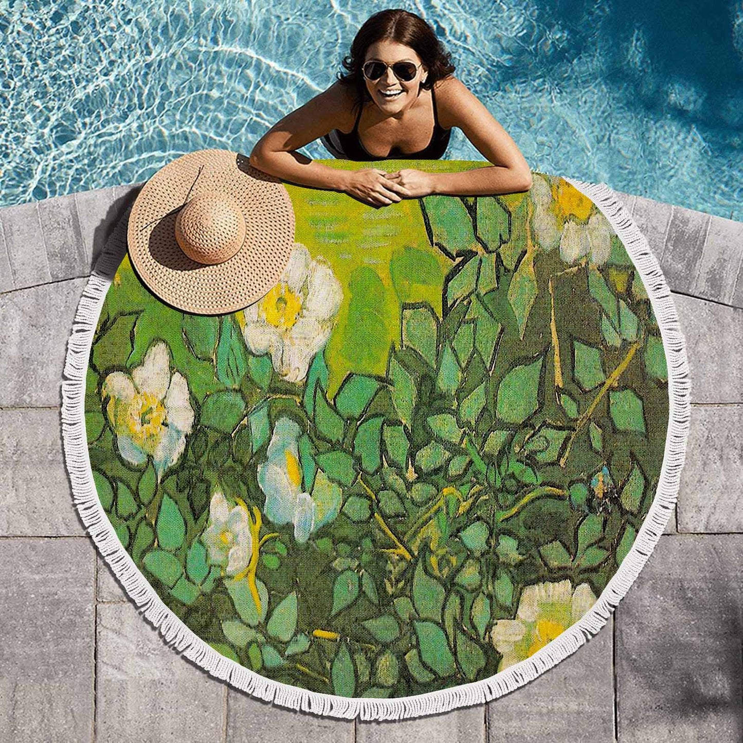 Vintage Floral circular plush beach towel, fringe edges, Design 01