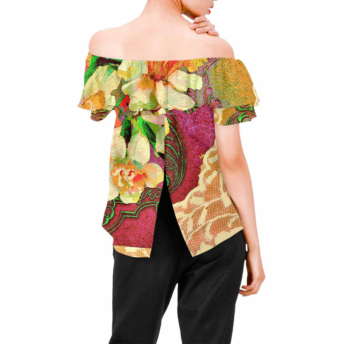 Victorian Lace print Chiffon Blouse, design 48