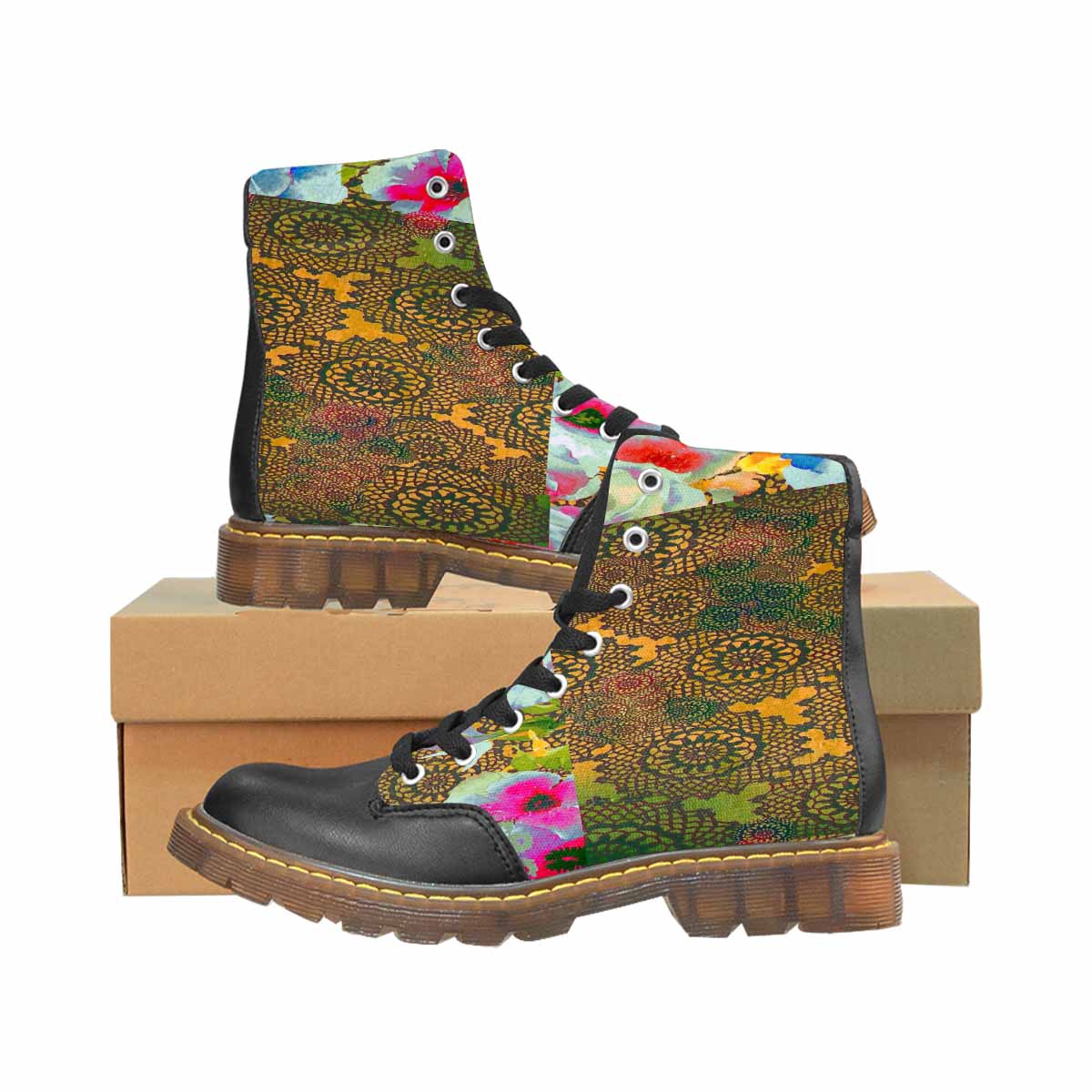 Victorian lace print, cute but tough, Winter walk about boots, design 15