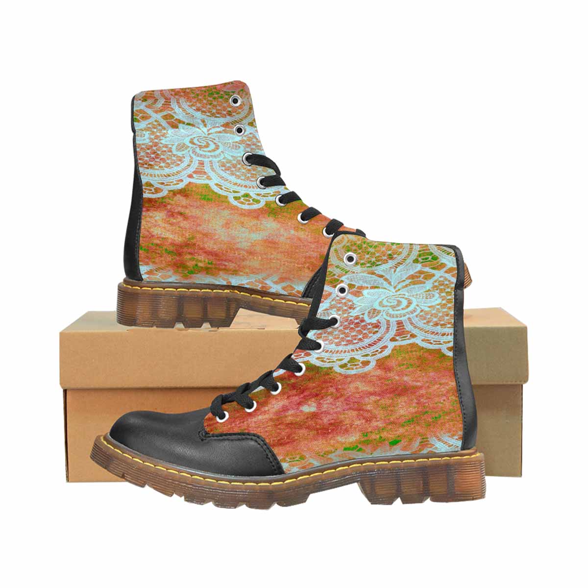 Victorian lace print, cute but tough, Winter walk about boots, design 31