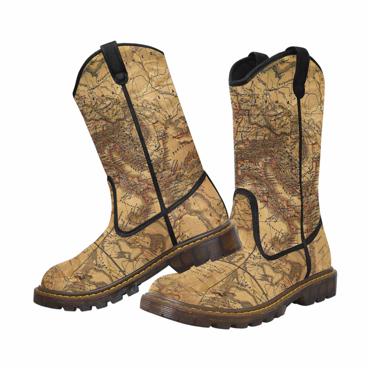 Antique Map design mens western lumber boots, Design 21