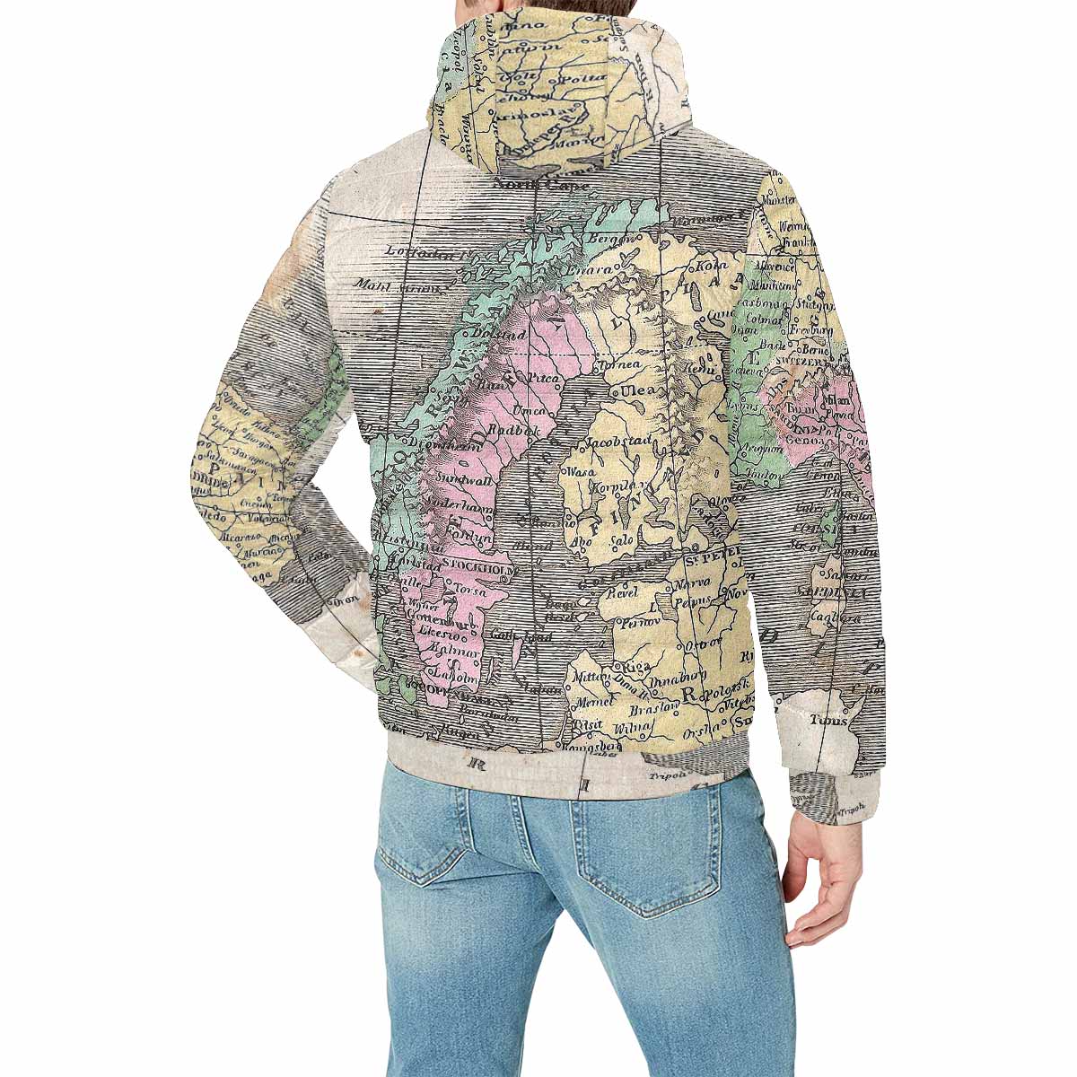 Antique Map design, mens lightweight, warm, quilted hooded bomber jacket, design, 9