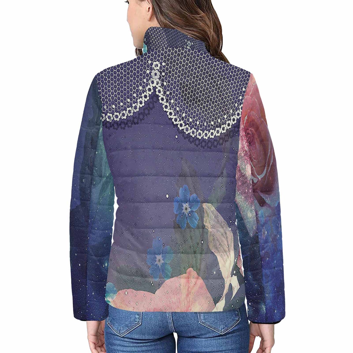 Victorian Lace print womens padded quilted jacket, design 02