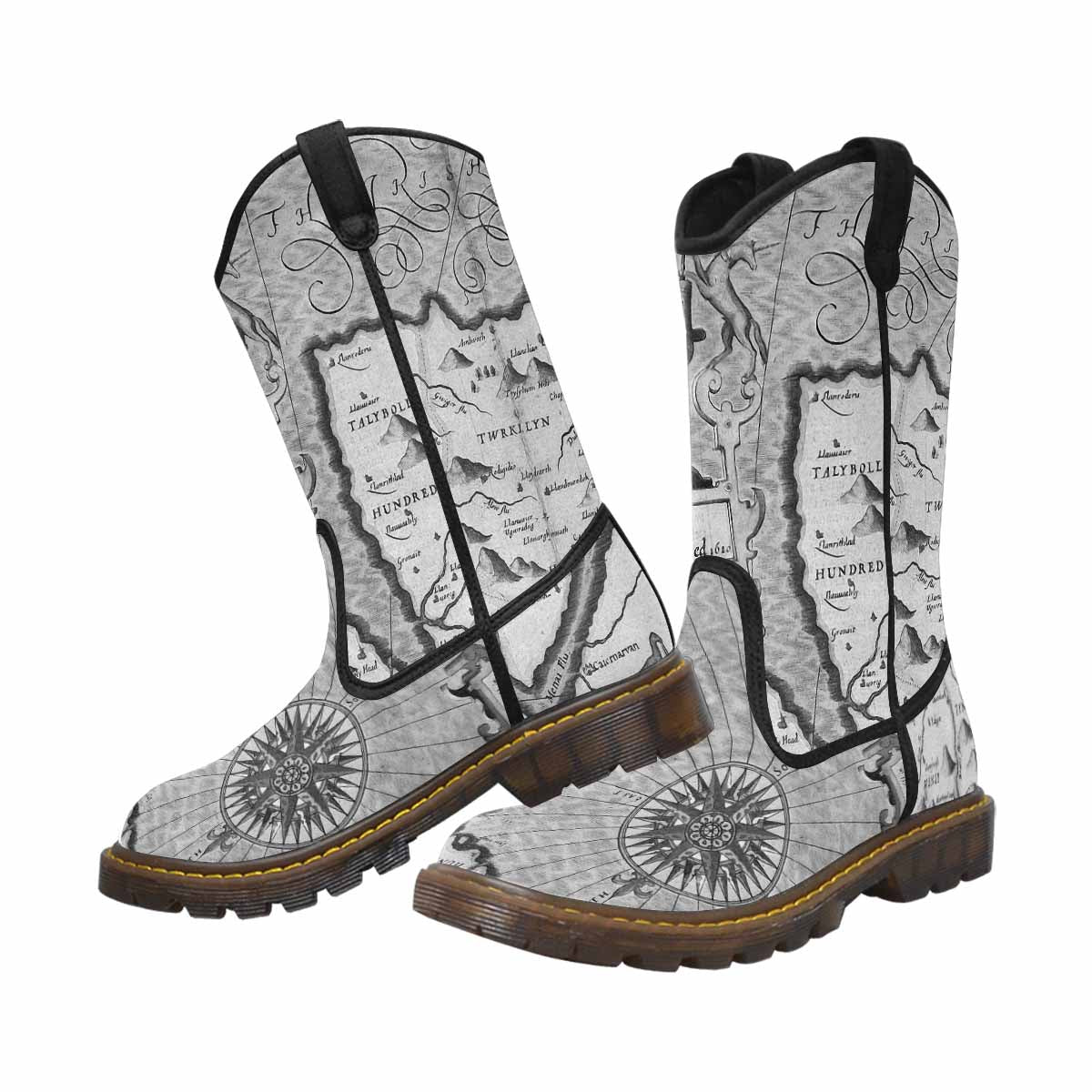 Antique Map design mens western lumber boots, Design 11