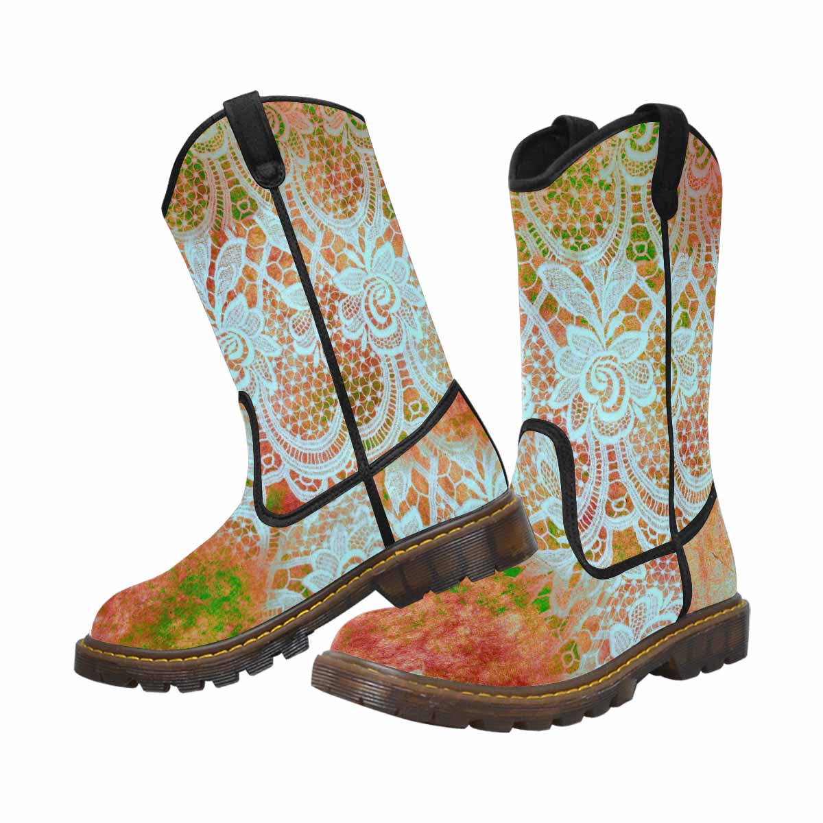 Victorian lace print, western lumber boots, design 31