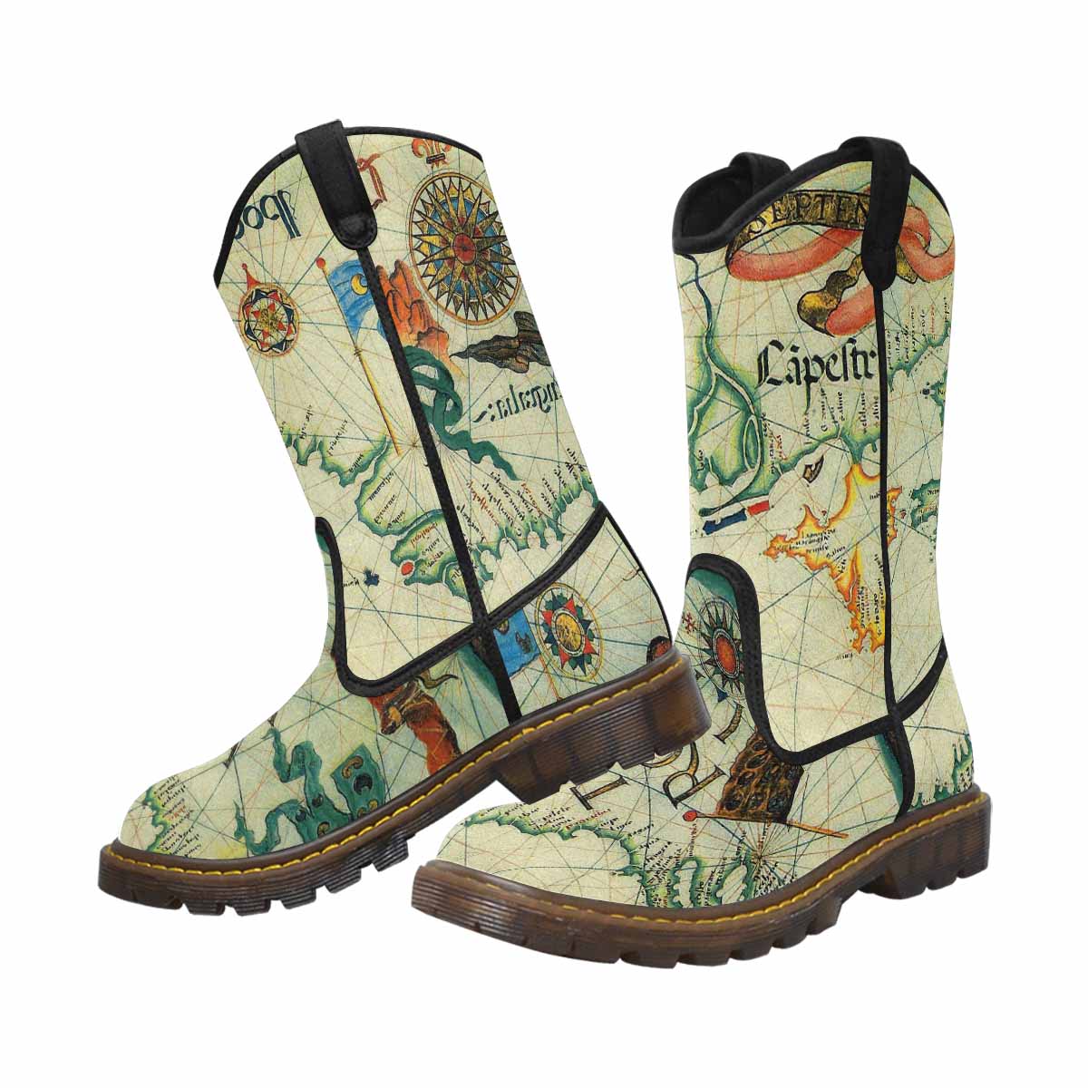 Antique Map design womens western lumber boots, Design 33