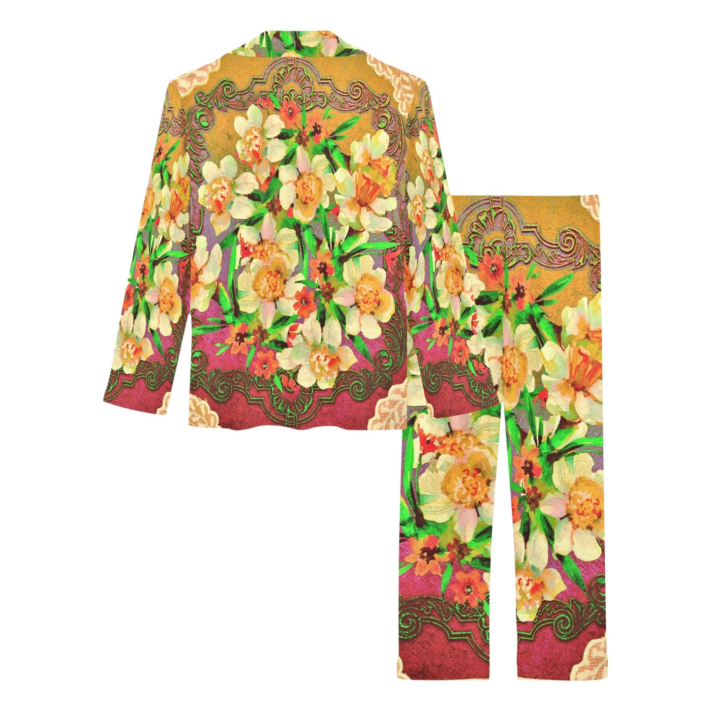 Victorian printed lace pajama set, design 48 Women's Long Pajama Set (Sets 02)