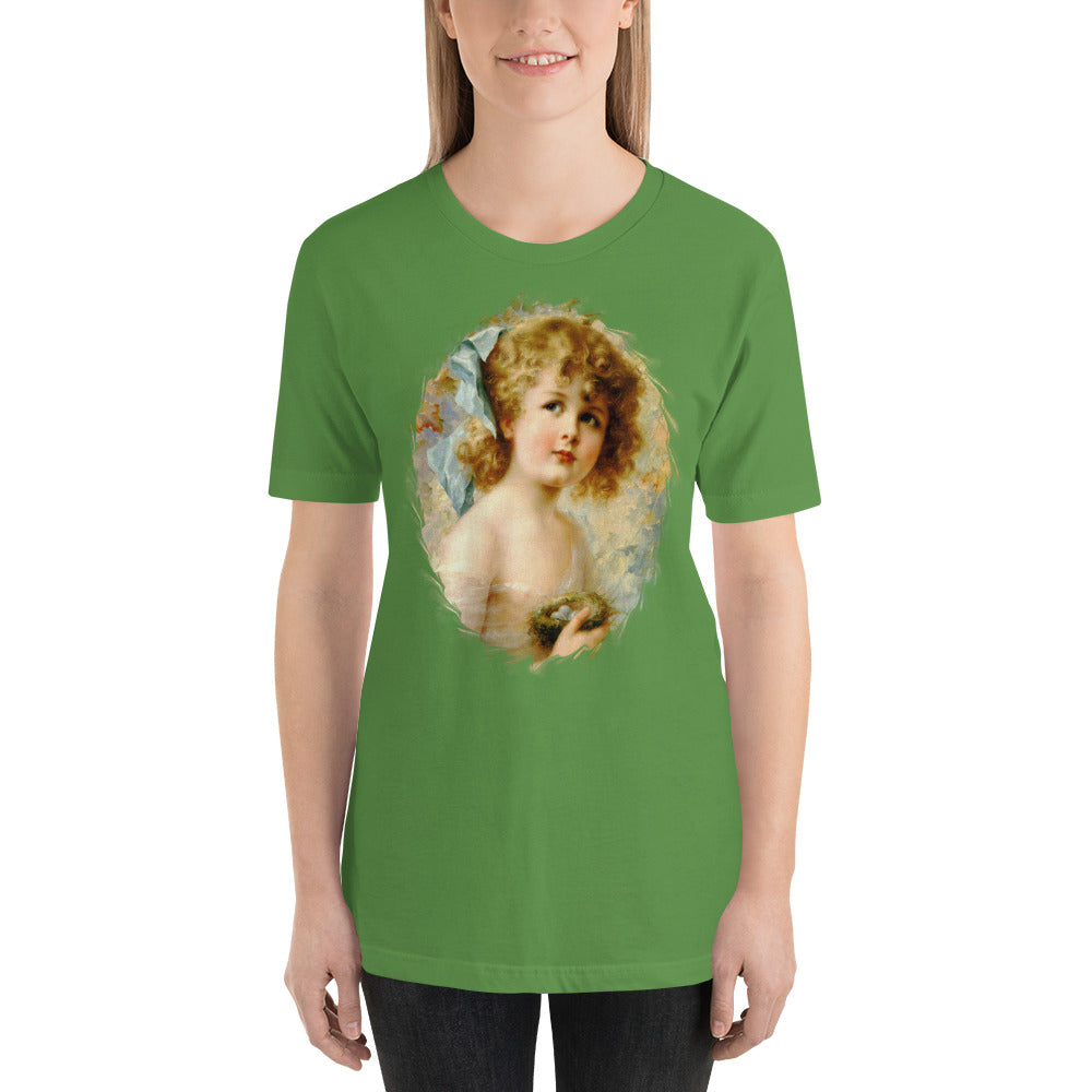 Victorian girl print t shirt, unisex, Girl Holding a nest, dark colors, Size XS to 5XL plus size