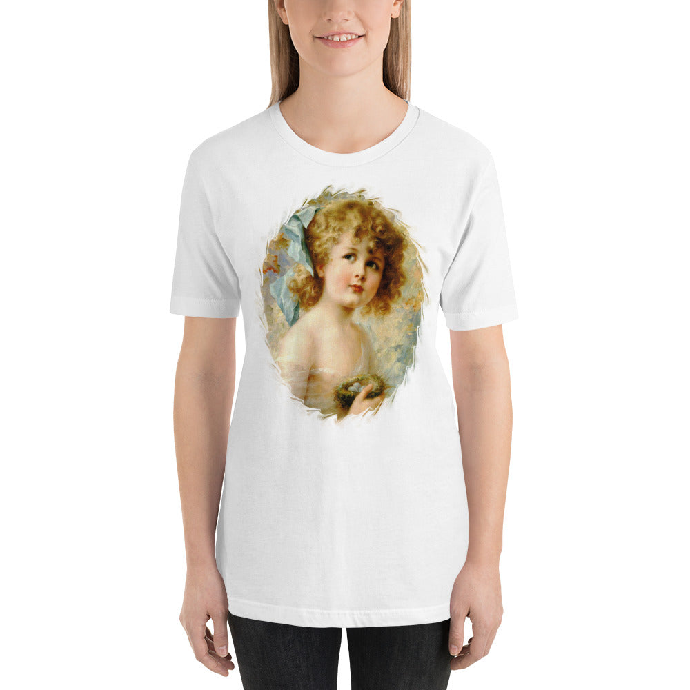 Victorian girl print t shirt, unisex, Girl Holding a nest, pastel & bright colors, Size XS to 5XL plus size