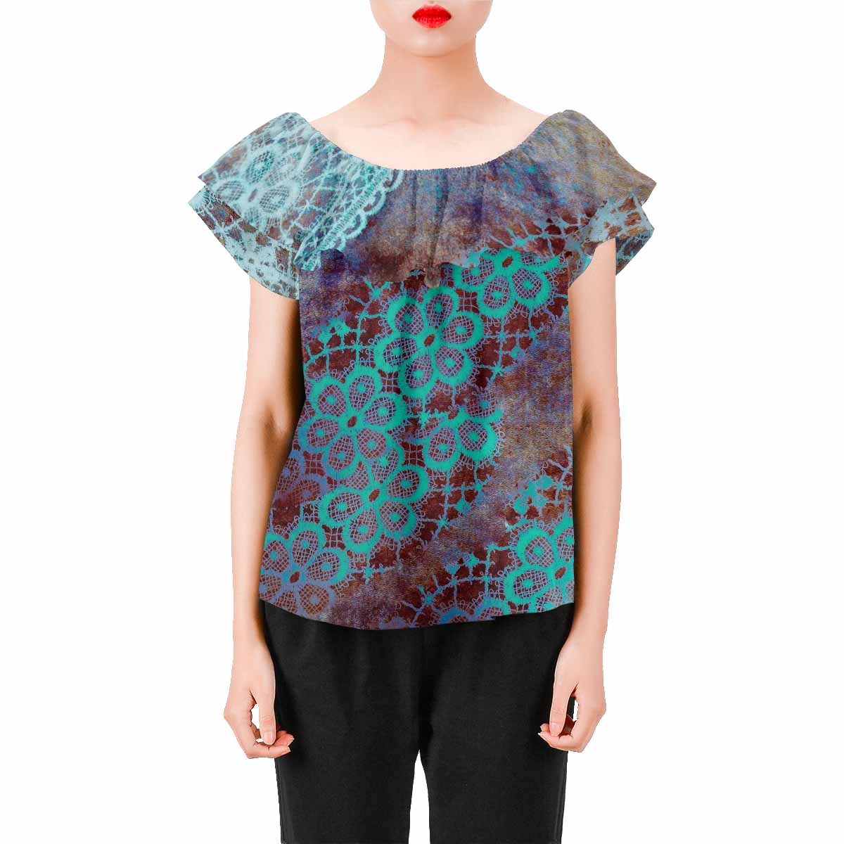 Victorian Lace print Chiffon Blouse, design 37