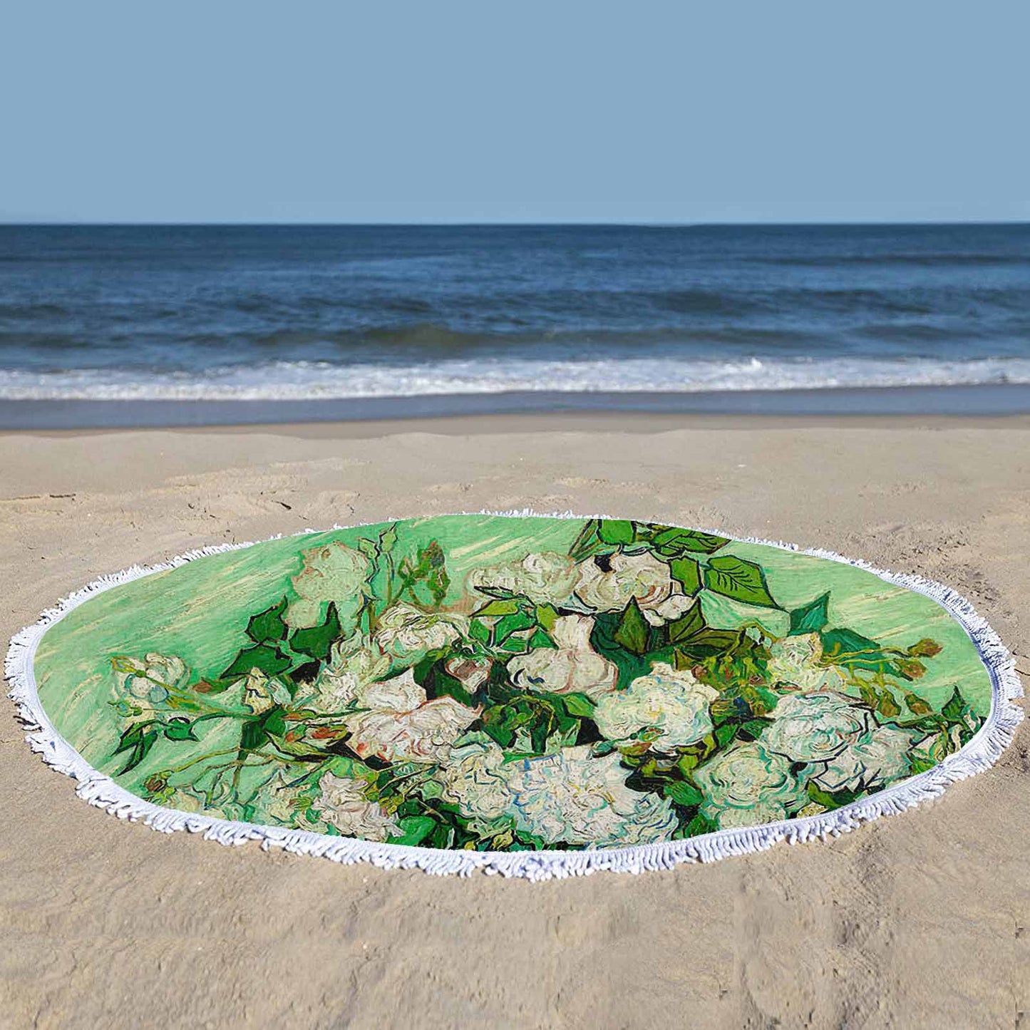 Vintage Floral circular plush beach towel, fringe edges, Design 45