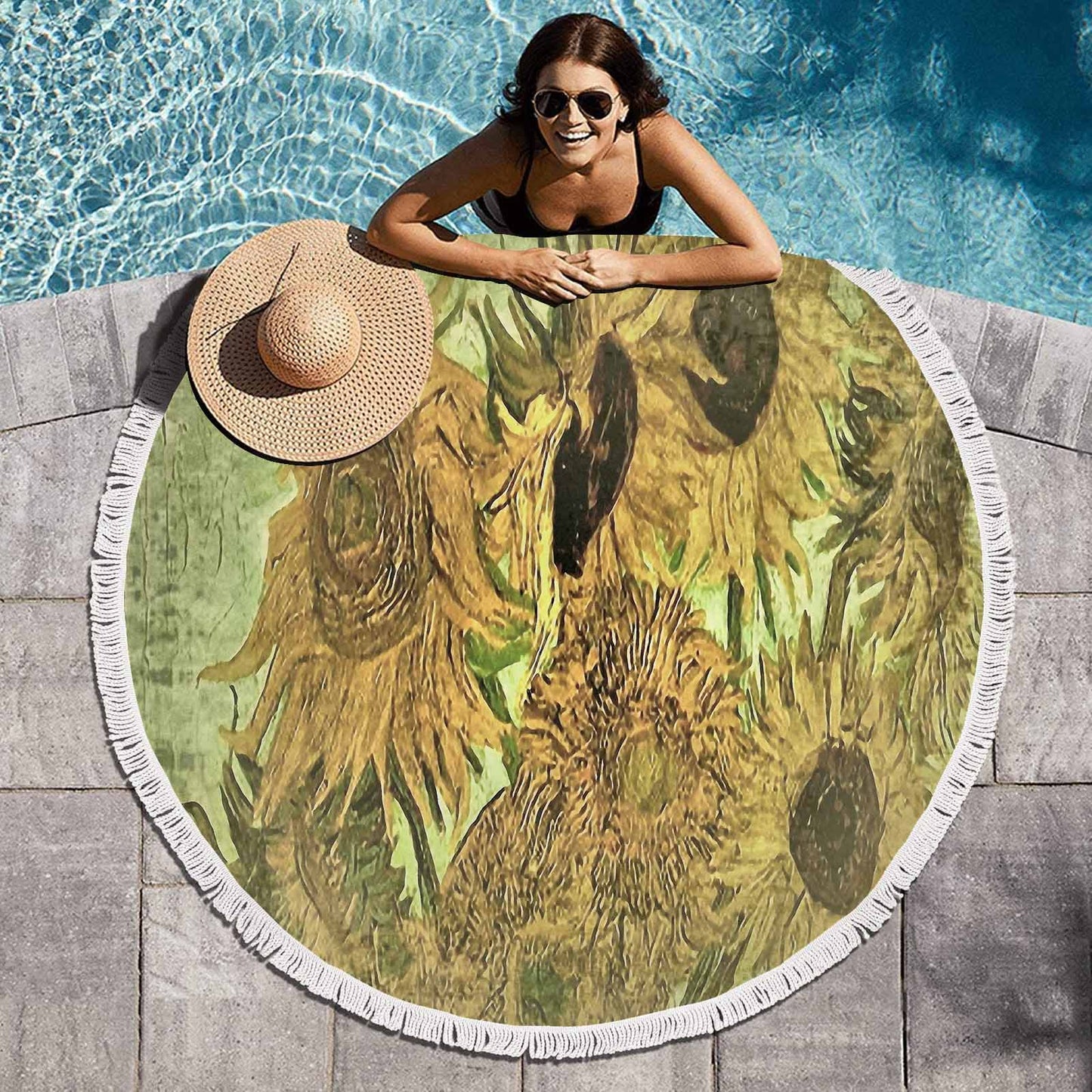 Vintage Floral circular plush beach towel, fringe edges, Design 48x