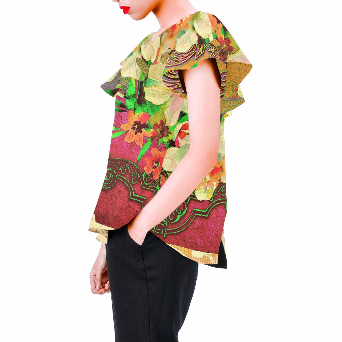 Victorian Lace print Chiffon Blouse, design 48