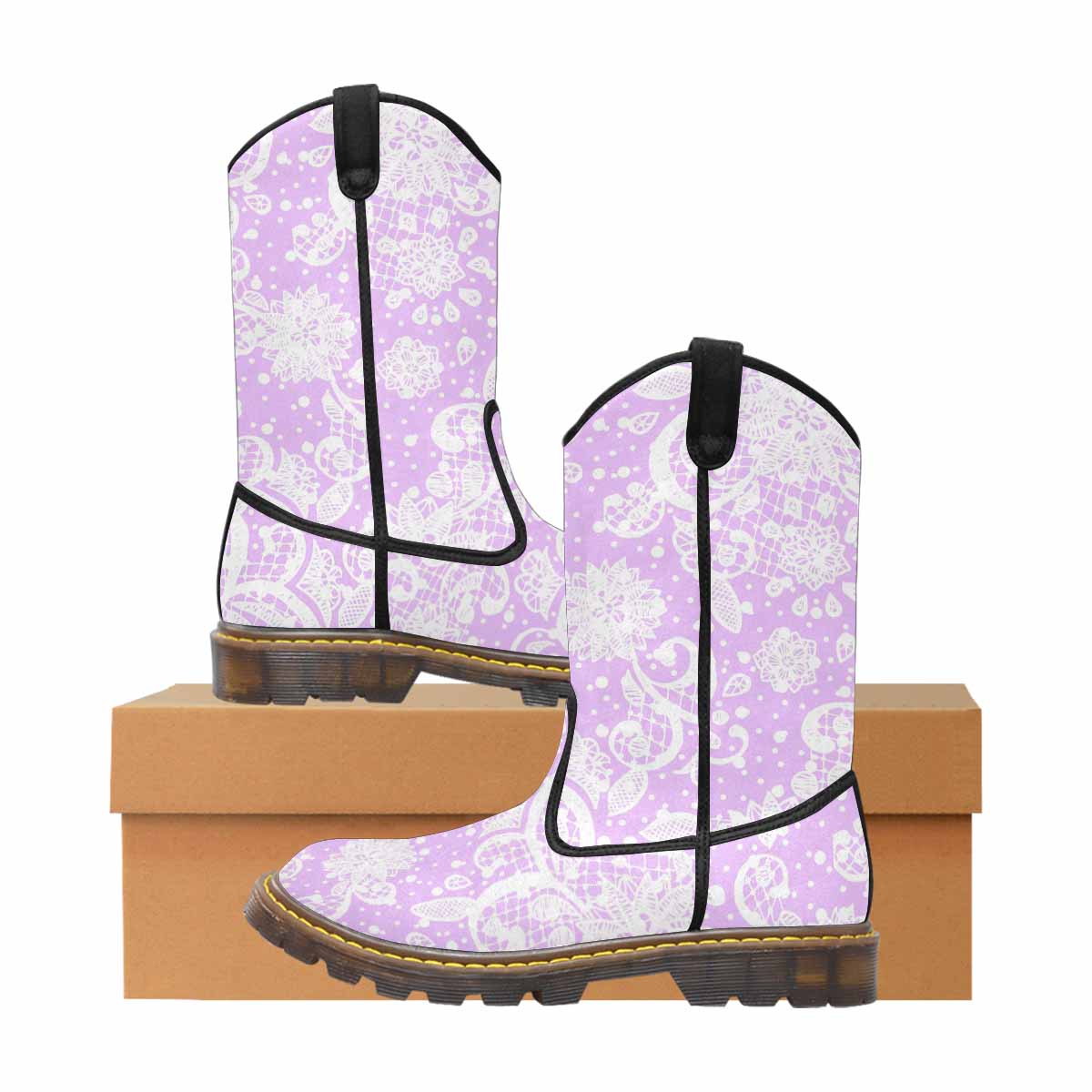 Victorian lace print, western lumber boots, design 06