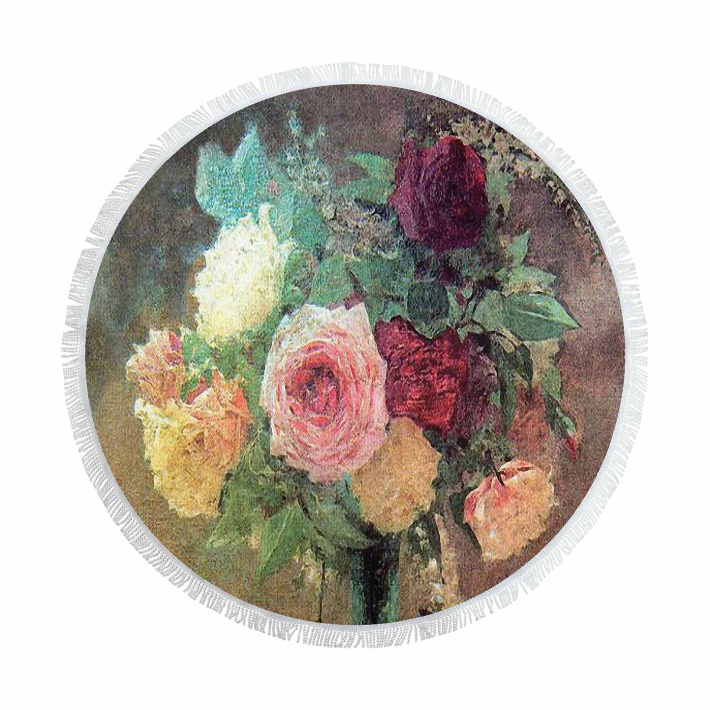 Vintage Floral circular plush beach towel, fringe edges, Design 29
