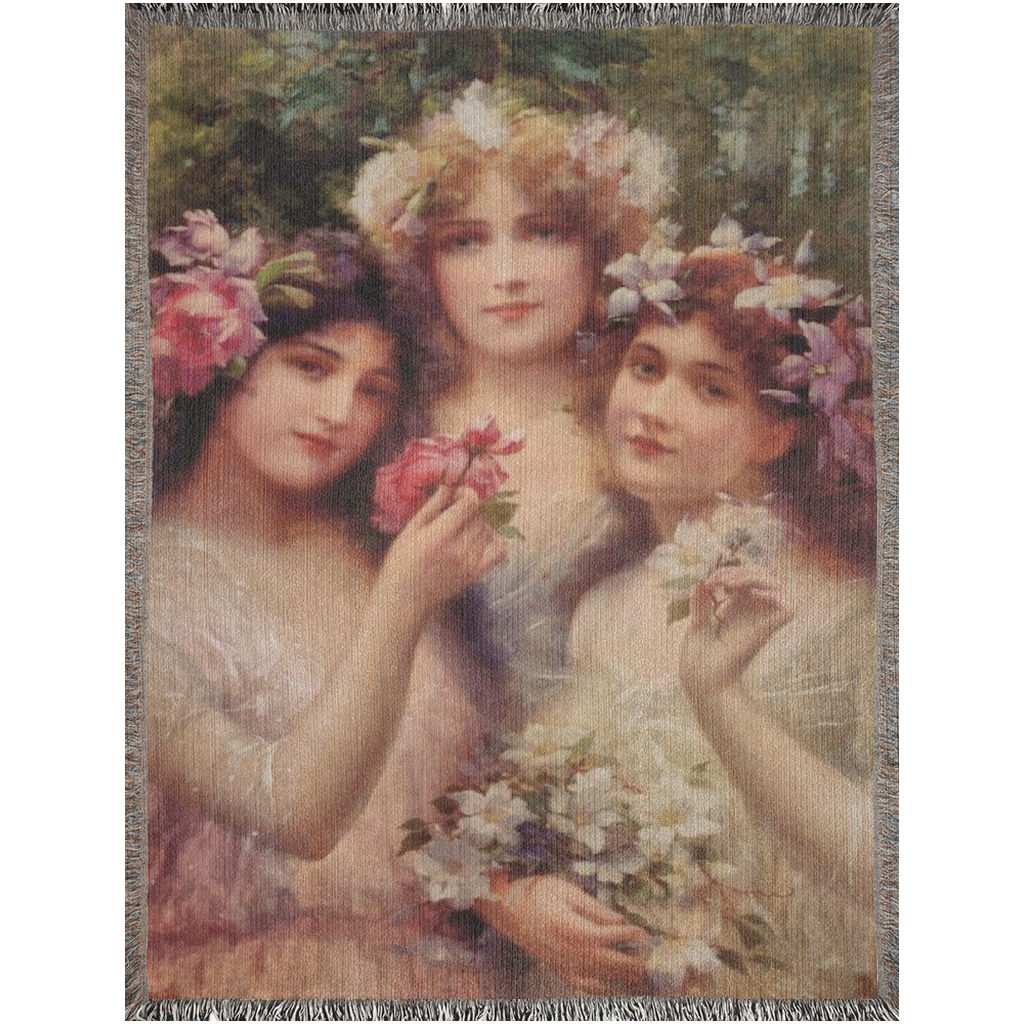 100% cotton Victorian Girls design woven blanket, 50 x 60 or 60 x 80in, The Three Graces