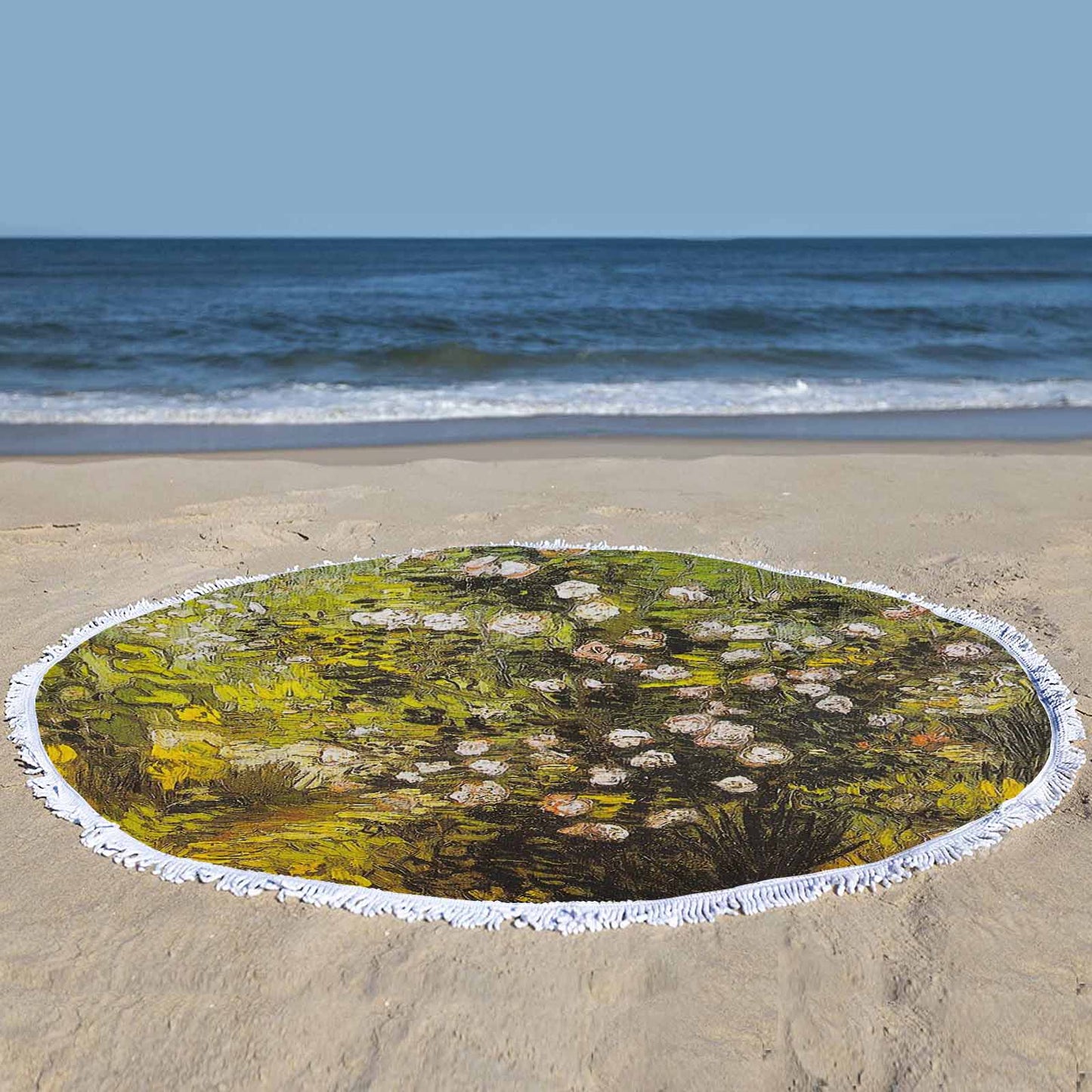 Vintage Floral circular plush beach towel, fringe edges, Design 05