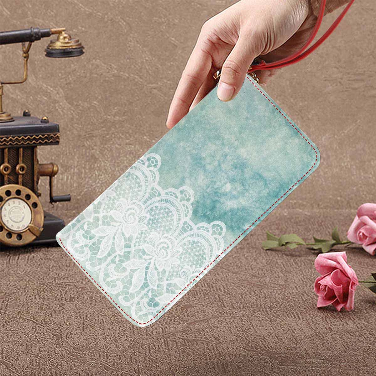 Victorian lace print womens wallet, clutch purse, red trim, design 41