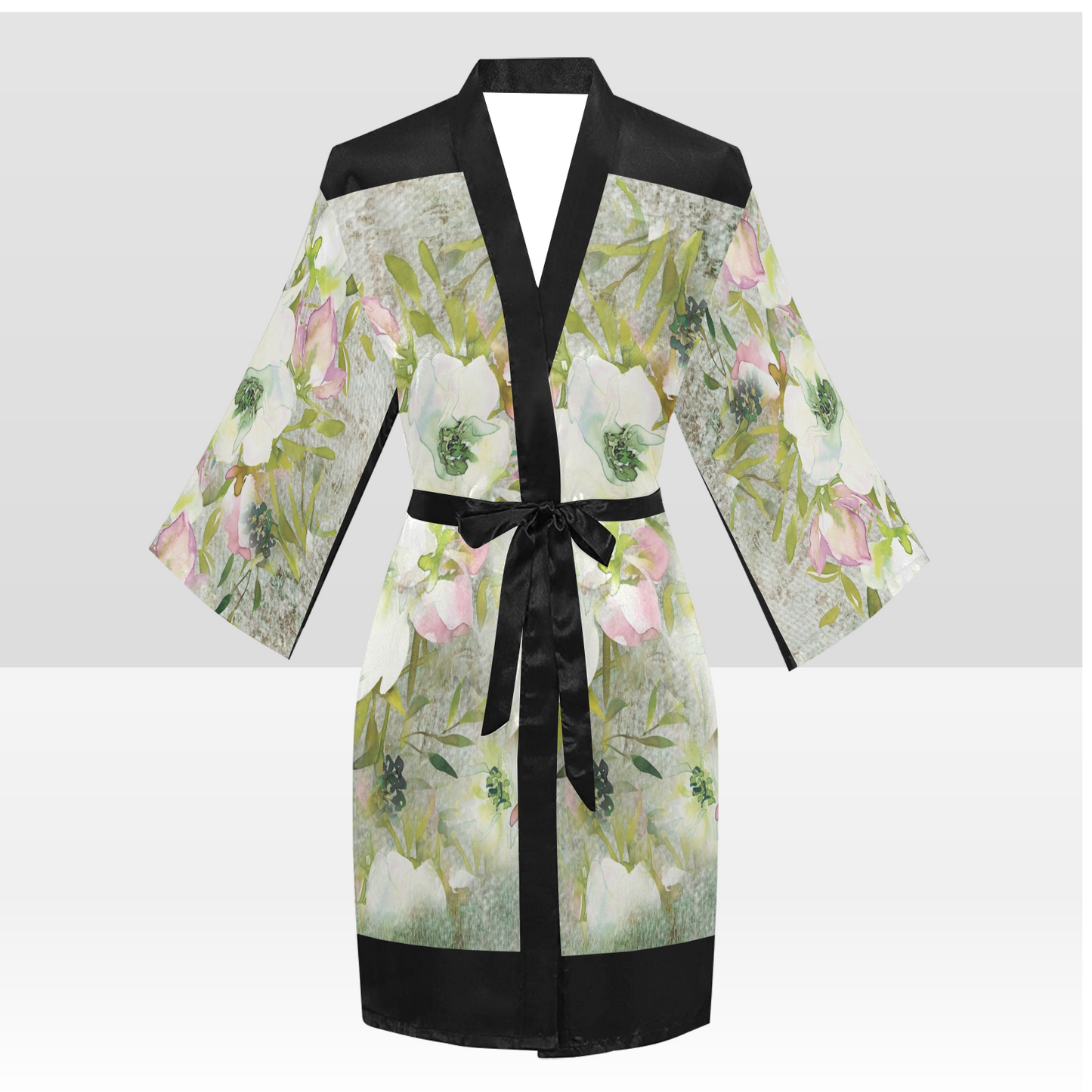 Vintage Floral Kimono Robe, Black or White Trim, Sizes XS to 2XL, Design 03