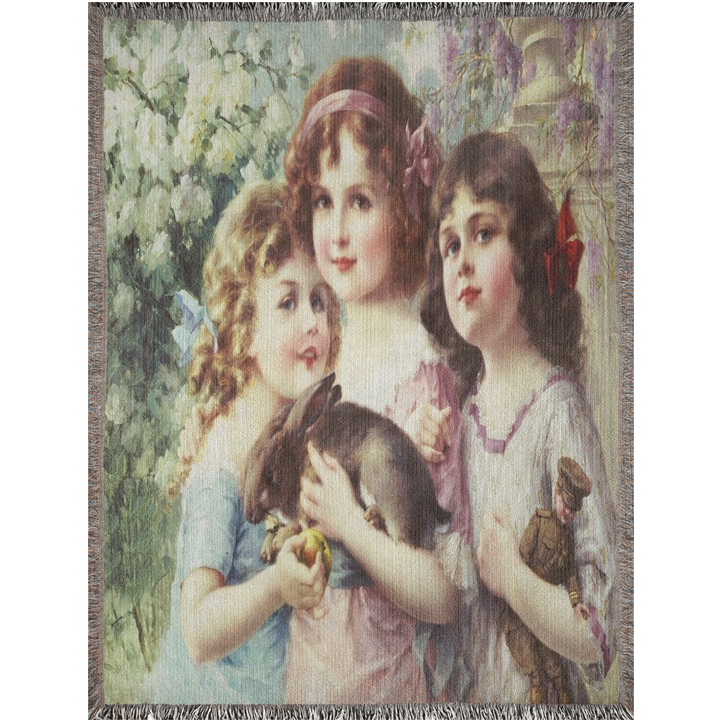 100% cotton Victorian Girls design woven blanket, 50 x 60 or 60 x 80in, Three Graces