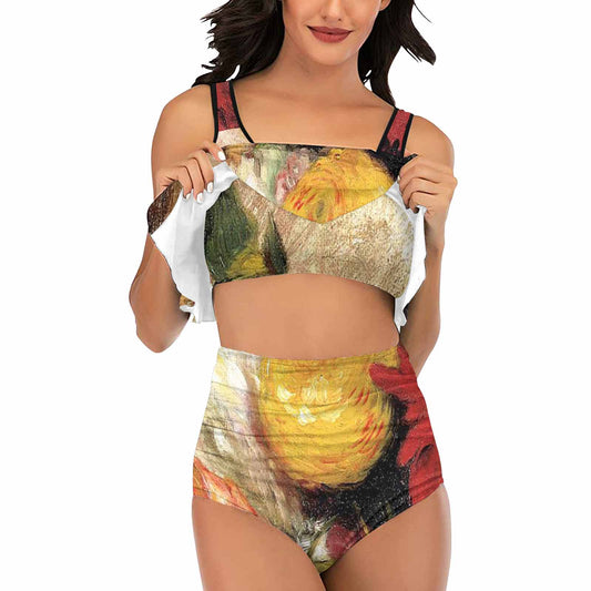 Vintage floral high waisted flounce top bikini, swim wear, Design 25