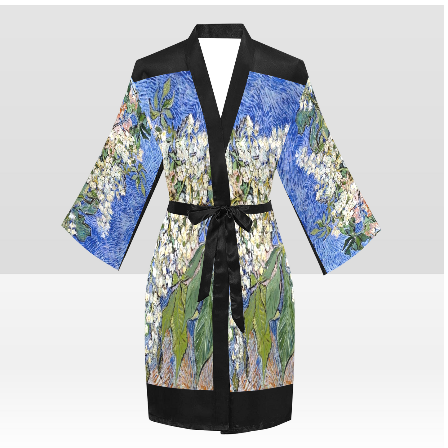 Vintage Floral Kimono Robe, Black or White Trim, Sizes XS to 2XL, Design 04