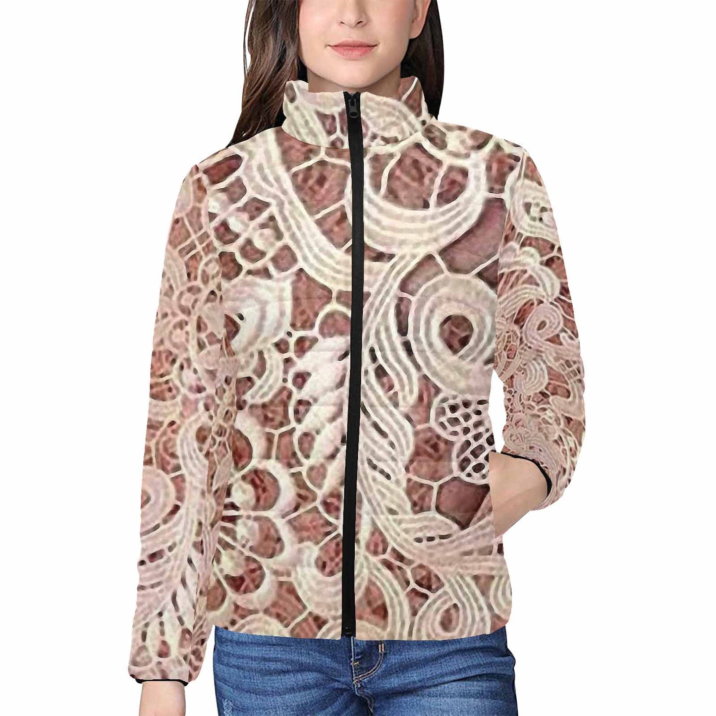 Victorian Lace print womens padded quilted jacket, design 11