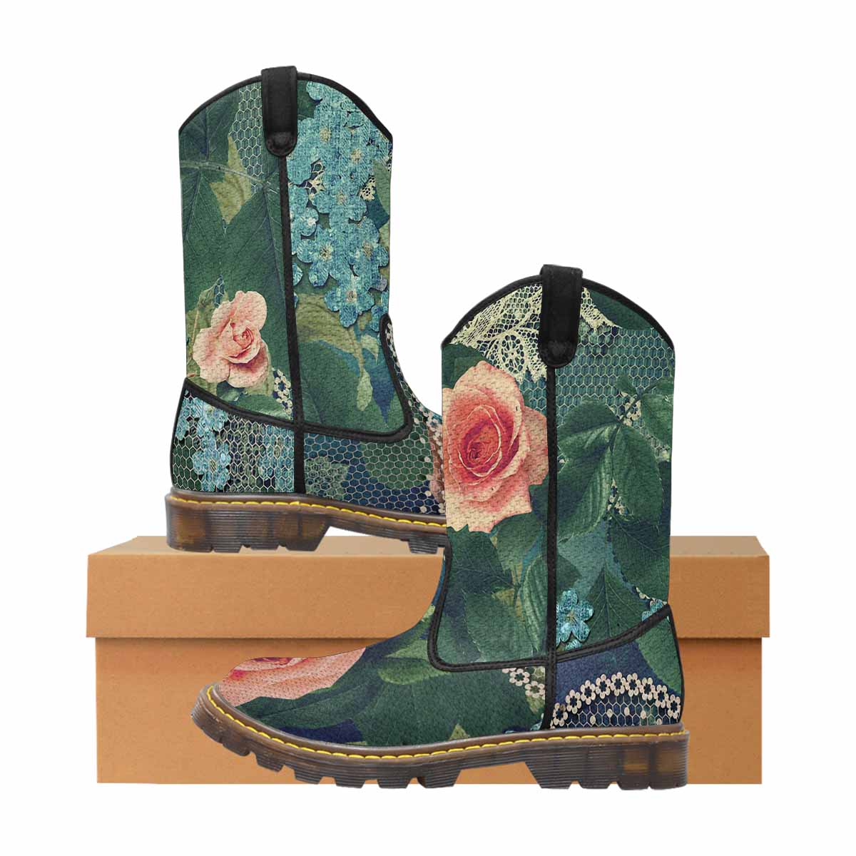 Victorian lace print, western lumber boots, design 01
