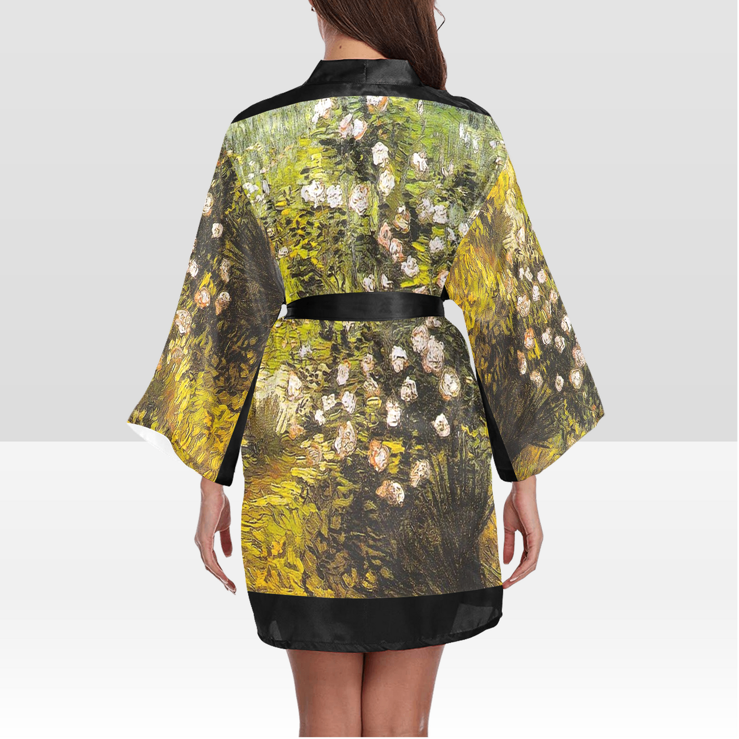 Vintage Floral Kimono Robe, Black or White Trim, Sizes XS to 2XL, Design 05