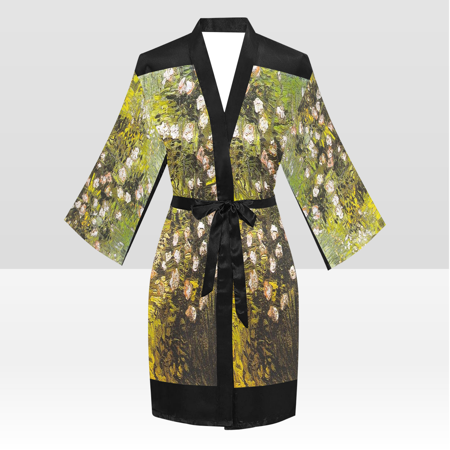Vintage Floral Kimono Robe, Black or White Trim, Sizes XS to 2XL, Design 05